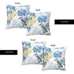 Front and reverse views of water-resistant pillow covers with blue birds and hydrangeas