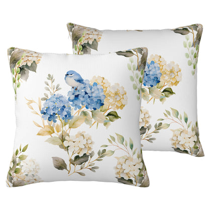 HOSTECCO Spring Outdoor Pillow Covers Set of 2, Blue Bird and Hydrangea Waterproof Throw Pillows, Floral Cushion Covers for Summer Patio Balcony Sofa