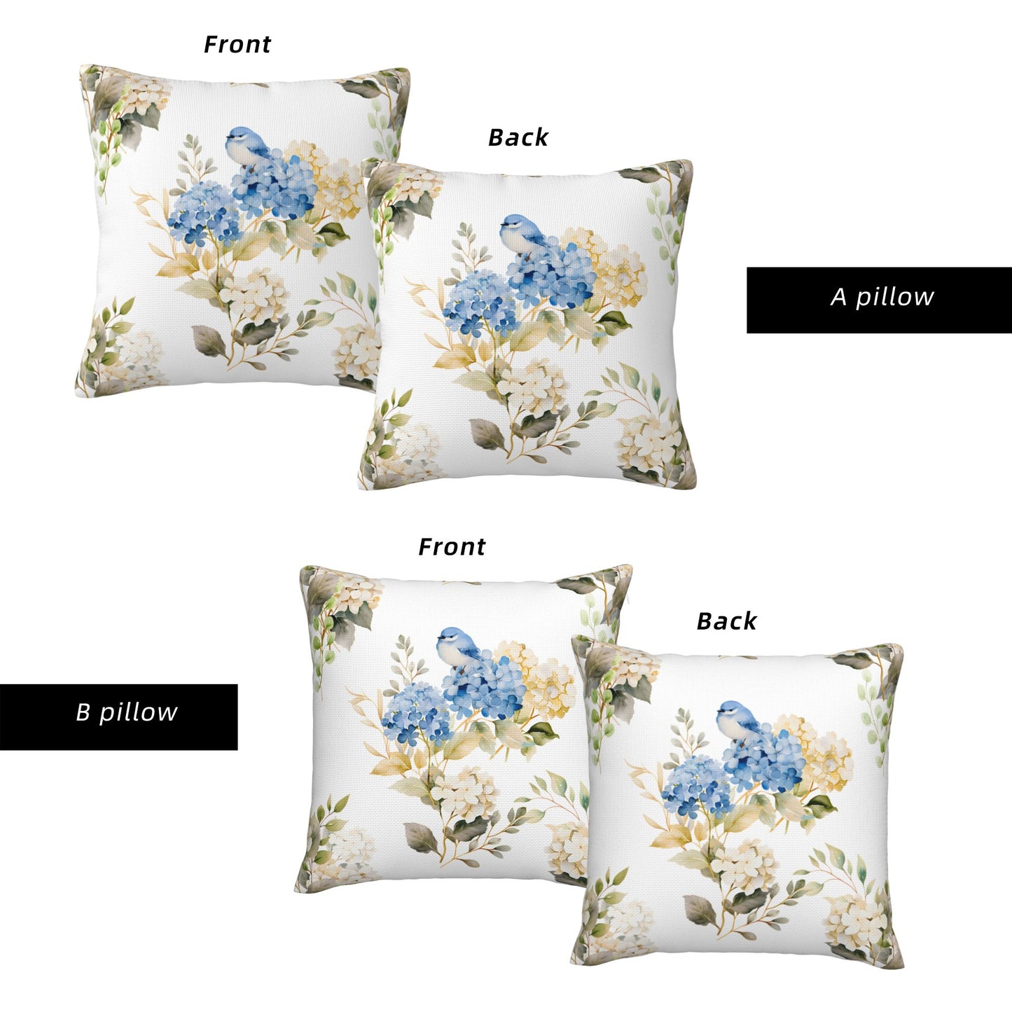HOSTECCO Spring Outdoor Pillow Covers Set of 2, Blue Bird and Hydrangea Waterproof Throw Pillows, Floral Cushion Covers for Summer Patio Balcony Sofa