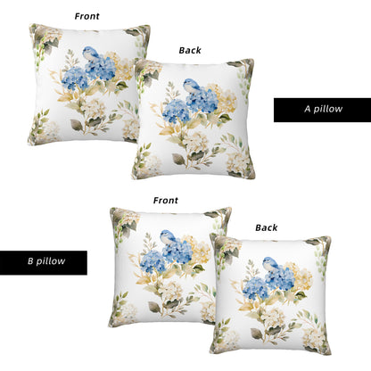 HOSTECCO Spring Outdoor Pillow Covers Set of 2, Blue Bird and Hydrangea Waterproof Throw Pillows, Floral Cushion Covers for Summer Patio Balcony Sofa