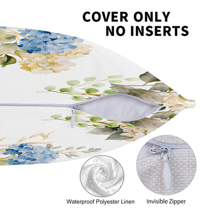 HOSTECCO Spring Outdoor Pillow Covers Set of 2, Blue Bird and Hydrangea Waterproof Throw Pillows, Floral Cushion Covers for Summer Patio Balcony Sofa
