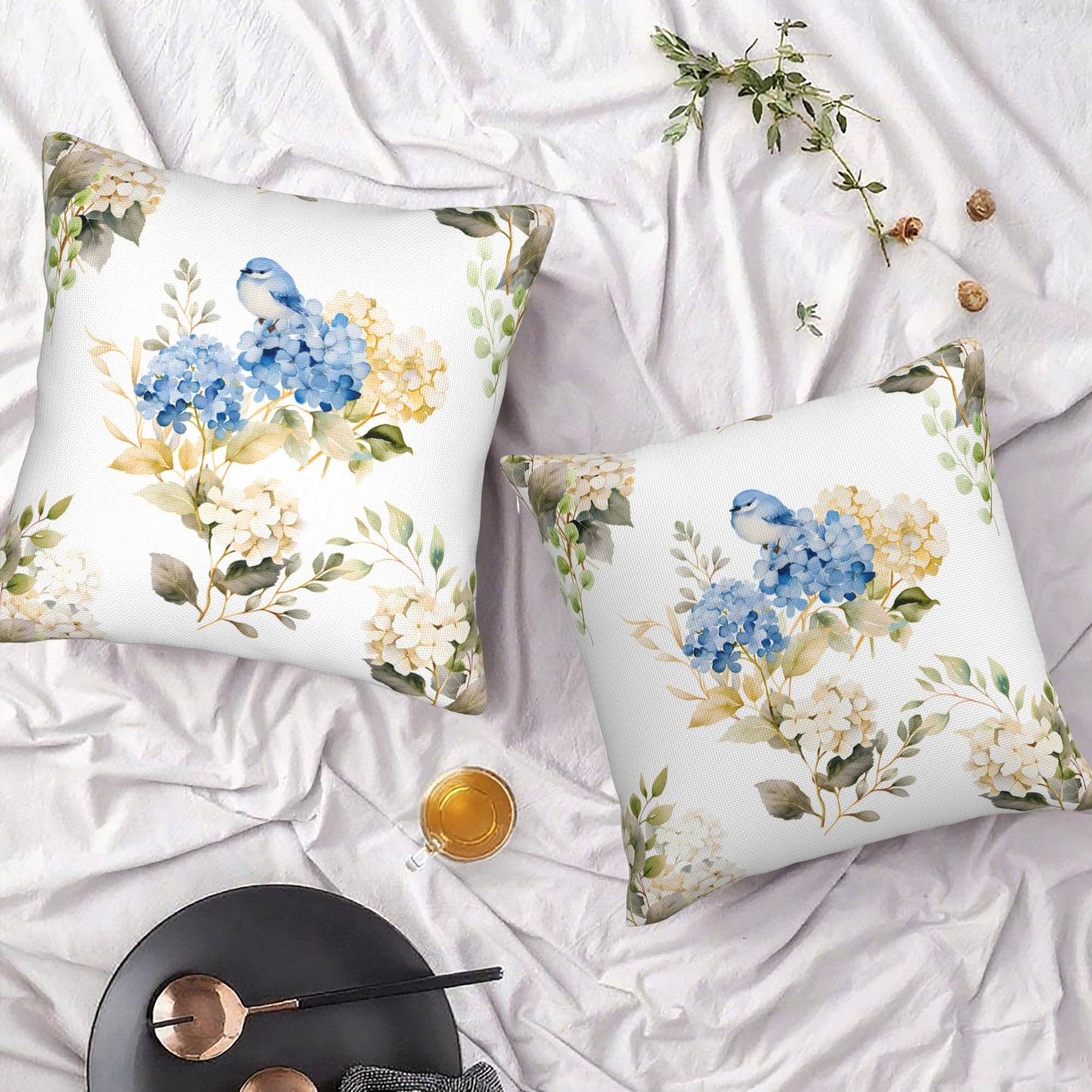 HOSTECCO Spring Outdoor Pillow Covers Set of 2, Blue Bird and Hydrangea Waterproof Throw Pillows, Floral Cushion Covers for Summer Patio Balcony Sofa