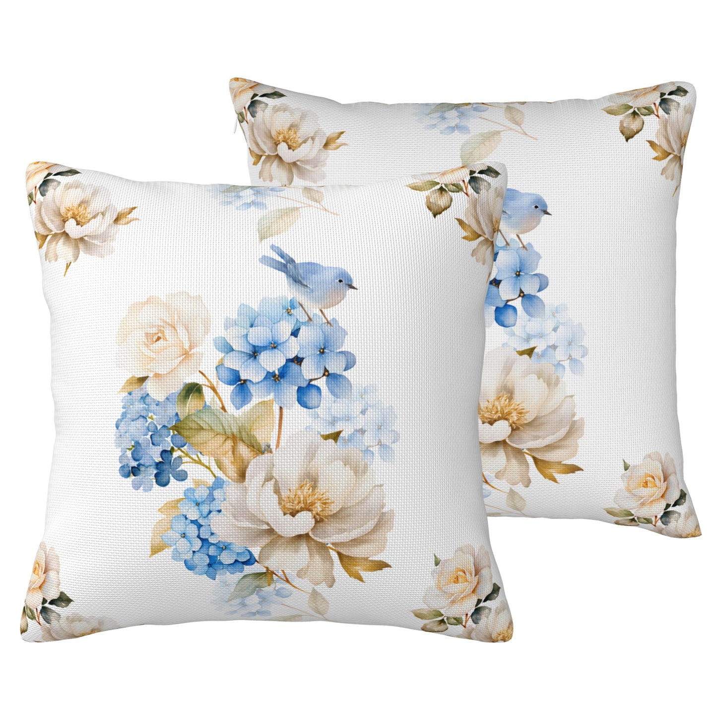 HOSTECCO Spring Outdoor Pillow Covers Set of 2, Blue Bird and Hydrangea Waterproof Throw Pillows, Floral Cushion Covers for Summer Patio Balcony Sofa