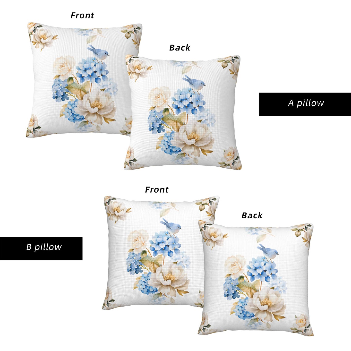 HOSTECCO Spring Outdoor Pillow Covers Set of 2, Blue Bird and Hydrangea Waterproof Throw Pillows, Floral Cushion Covers for Summer Patio Balcony Sofa