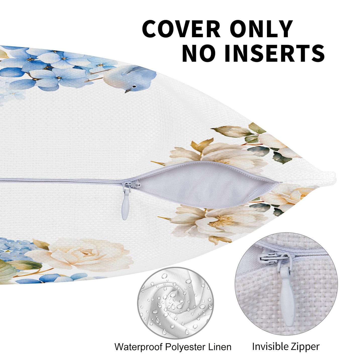 HOSTECCO Spring Outdoor Pillow Covers Set of 2, Blue Bird and Hydrangea Waterproof Throw Pillows, Floral Cushion Covers for Summer Patio Balcony Sofa