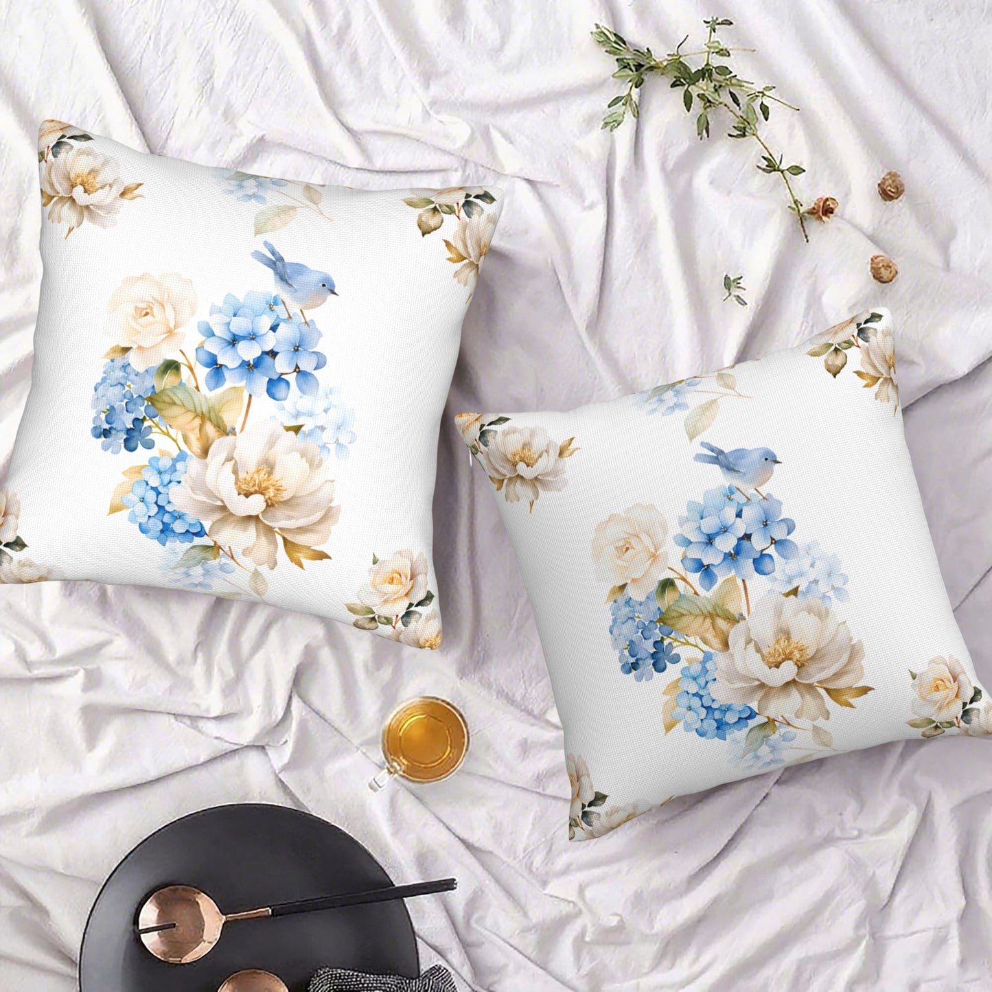 HOSTECCO Spring Outdoor Pillow Covers Set of 2, Blue Bird and Hydrangea Waterproof Throw Pillows, Floral Cushion Covers for Summer Patio Balcony Sofa