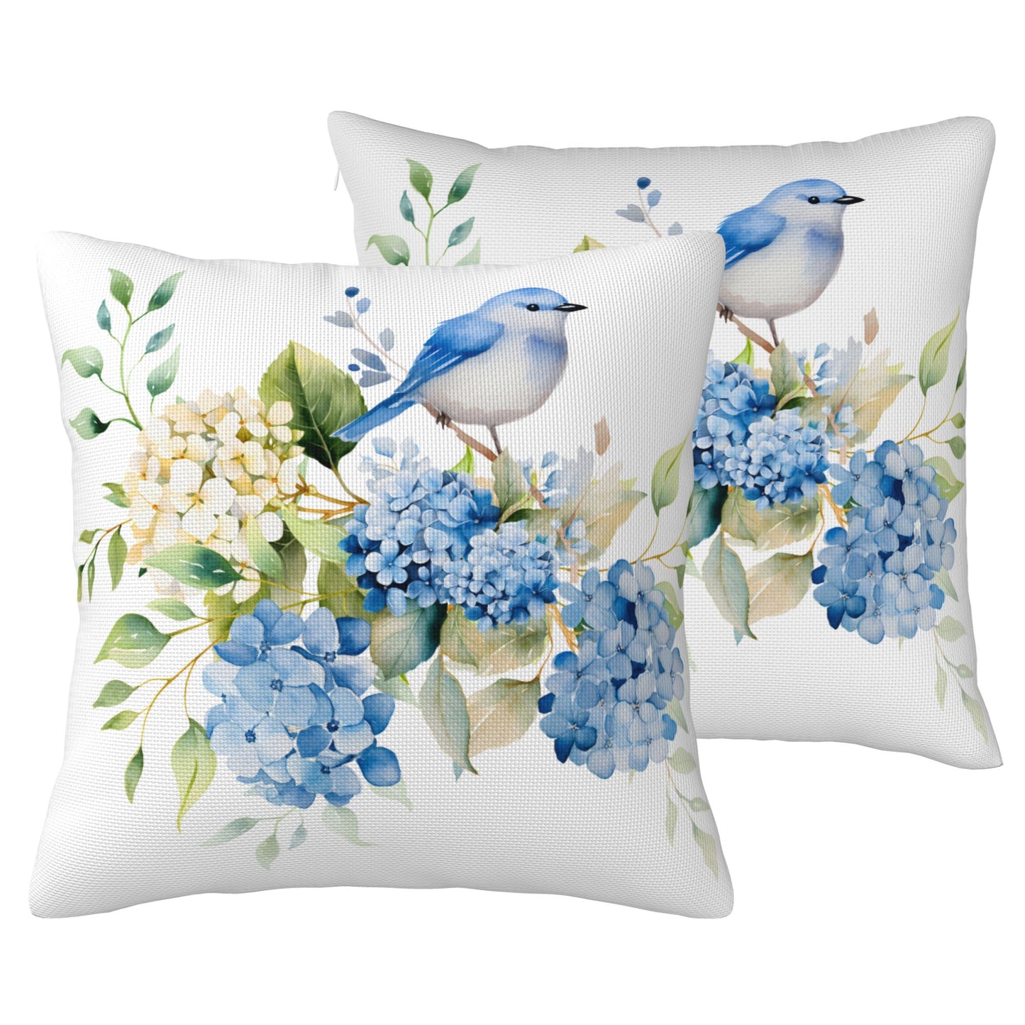 HOSTECCO Spring Outdoor Pillow Covers Set of 2, Blue Bird and Hydrangea Waterproof Throw Pillows, Floral Cushion Covers for Summer Patio Balcony Sofa