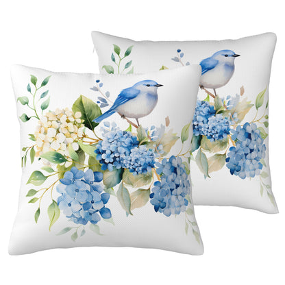 HOSTECCO Spring Outdoor Pillow Covers Set of 2, Blue Bird and Hydrangea Waterproof Throw Pillows, Floral Cushion Covers for Summer Patio Balcony Sofa