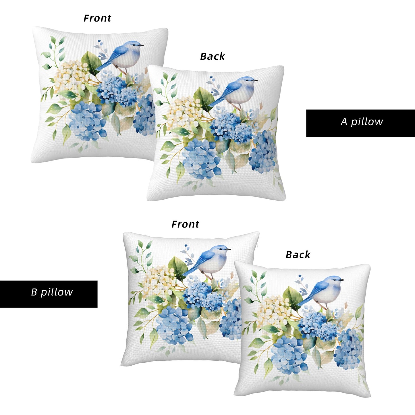 HOSTECCO Spring Outdoor Pillow Covers Set of 2, Blue Bird and Hydrangea Waterproof Throw Pillows, Floral Cushion Covers for Summer Patio Balcony Sofa