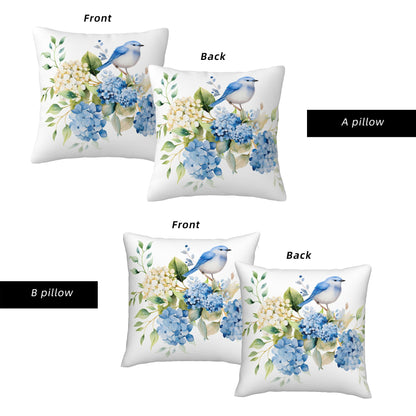 HOSTECCO Spring Outdoor Pillow Covers Set of 2, Blue Bird and Hydrangea Waterproof Throw Pillows, Floral Cushion Covers for Summer Patio Balcony Sofa