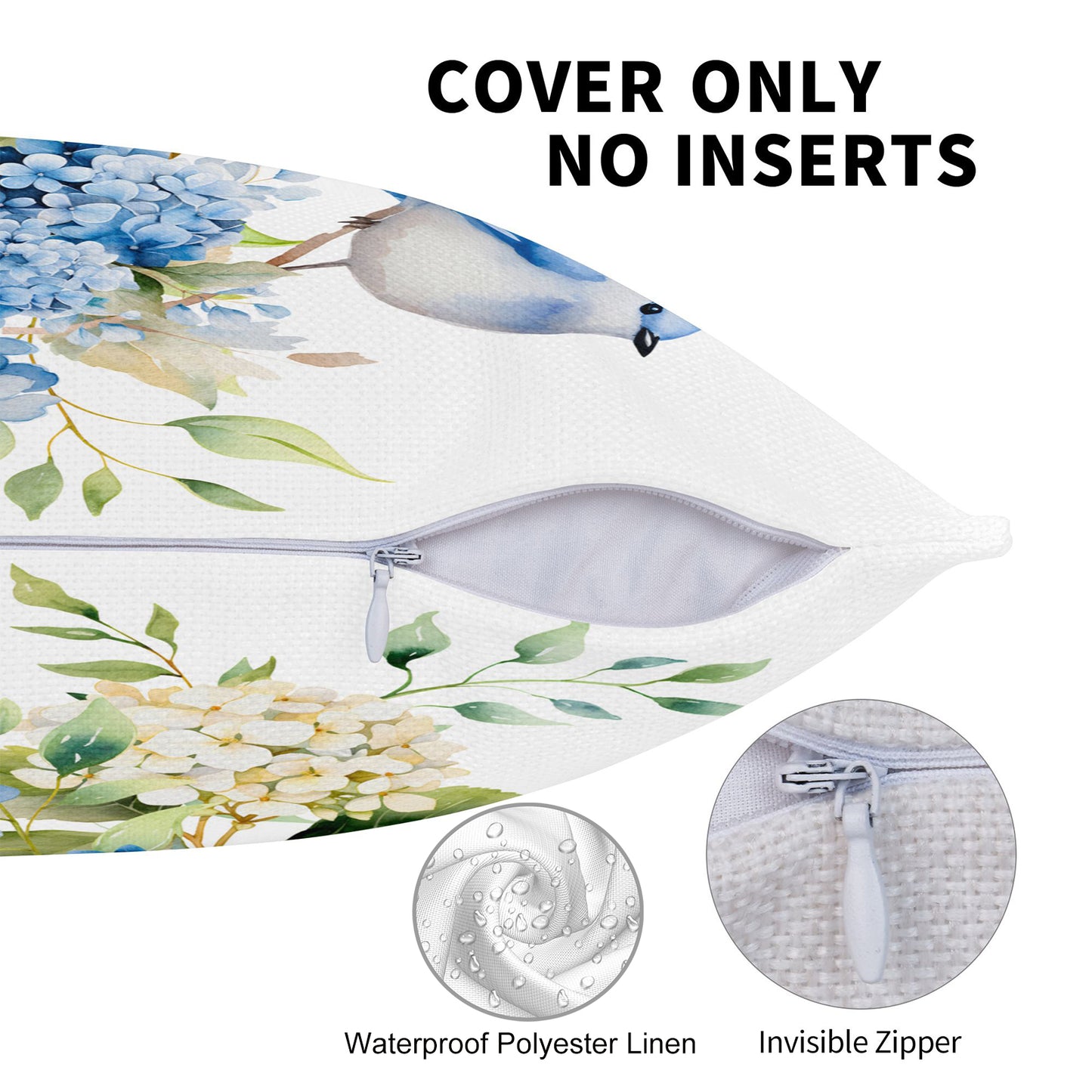 HOSTECCO Spring Outdoor Pillow Covers Set of 2, Blue Bird and Hydrangea Waterproof Throw Pillows, Floral Cushion Covers for Summer Patio Balcony Sofa