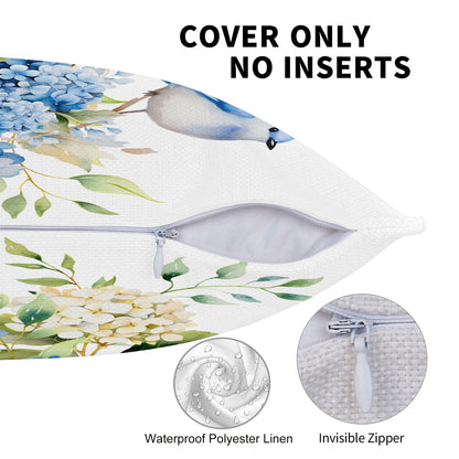HOSTECCO Spring Outdoor Pillow Covers Set of 2, Blue Bird and Hydrangea Waterproof Throw Pillows, Floral Cushion Covers for Summer Patio Balcony Sofa