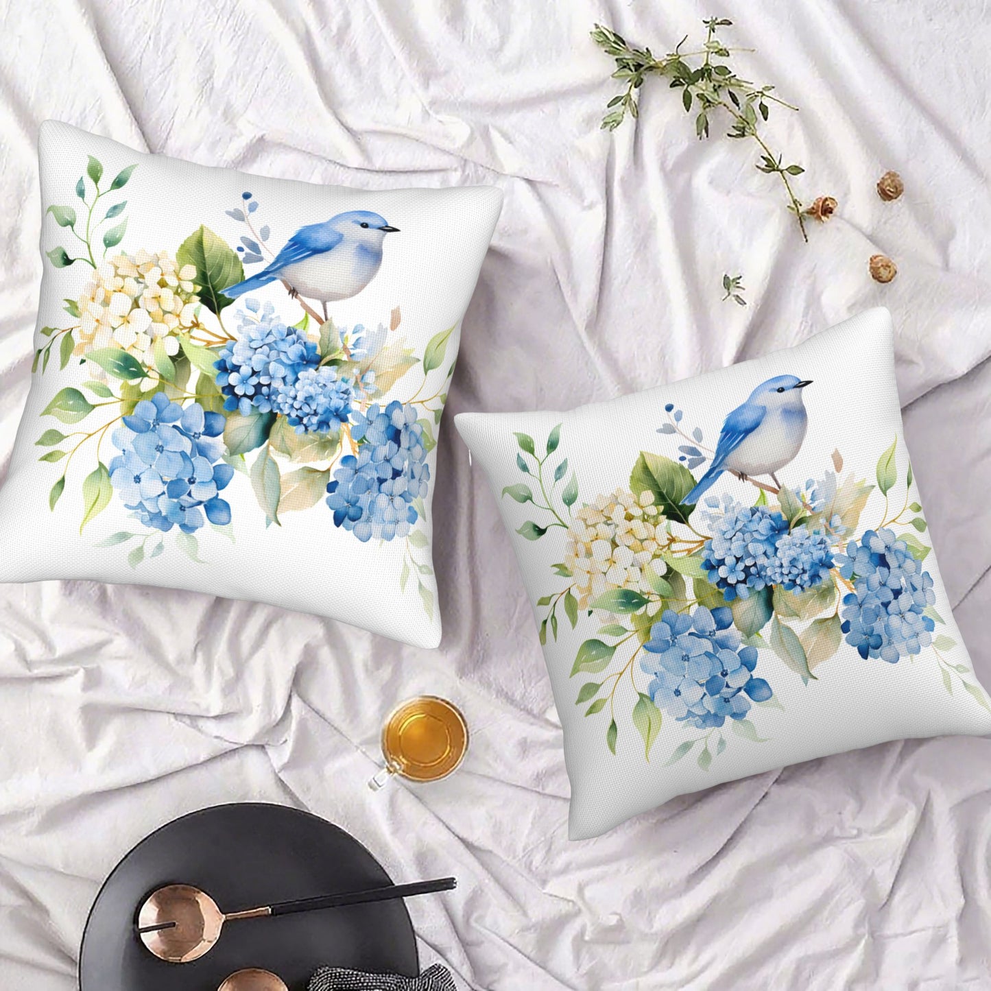 HOSTECCO Spring Outdoor Pillow Covers Set of 2, Blue Bird and Hydrangea Waterproof Throw Pillows, Floral Cushion Covers for Summer Patio Balcony Sofa