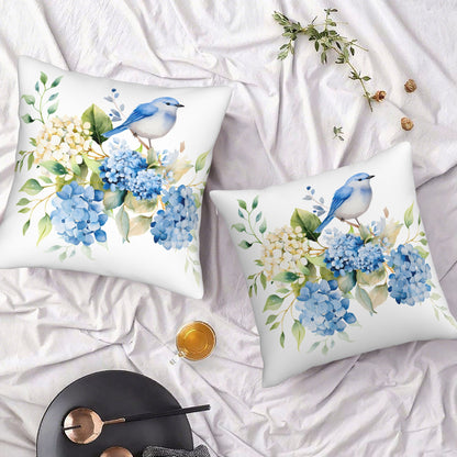 HOSTECCO Spring Outdoor Pillow Covers Set of 2, Blue Bird and Hydrangea Waterproof Throw Pillows, Floral Cushion Covers for Summer Patio Balcony Sofa