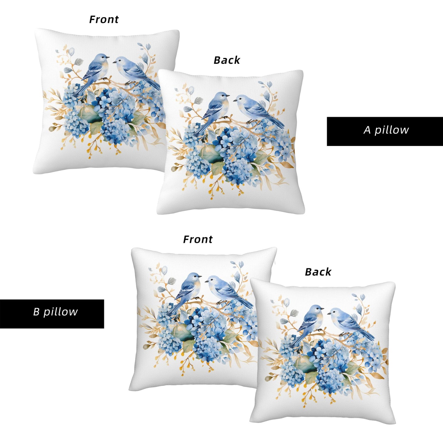 HOSTECCO Spring Outdoor Pillow Covers Set of 2, Blue Bird and Hydrangea Waterproof Throw Pillows, Floral Cushion Covers for Summer Patio Balcony Sofa