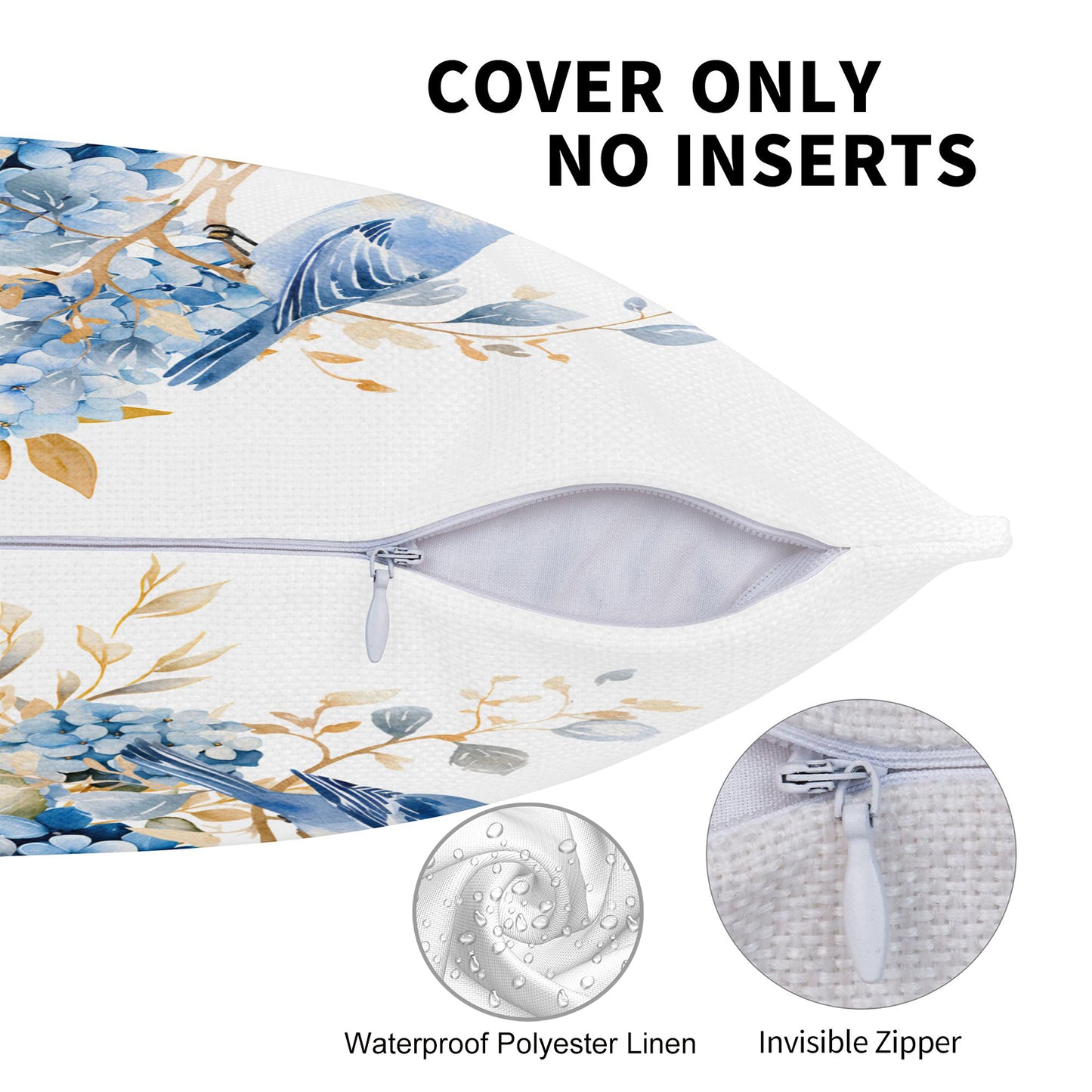 HOSTECCO Spring Outdoor Pillow Covers Set of 2, Blue Bird and Hydrangea Waterproof Throw Pillows, Floral Cushion Covers for Summer Patio Balcony Sofa