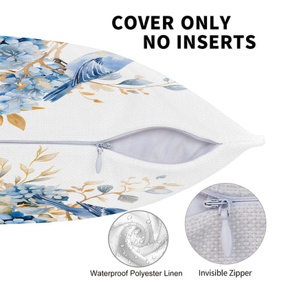 HOSTECCO Spring Outdoor Pillow Covers Set of 2, Blue Bird and Hydrangea Waterproof Throw Pillows, Floral Cushion Covers for Summer Patio Balcony Sofa