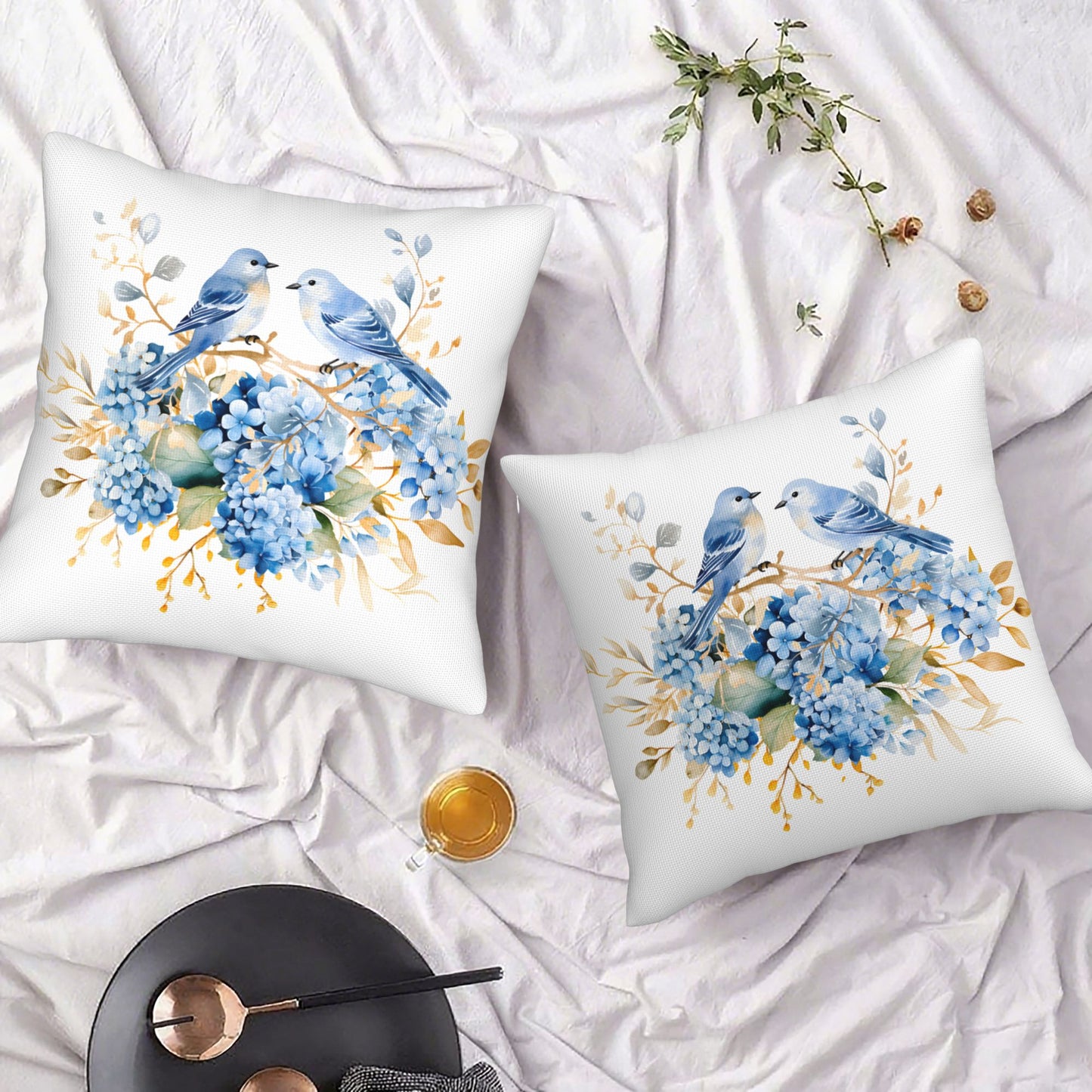 HOSTECCO Spring Outdoor Pillow Covers Set of 2, Blue Bird and Hydrangea Waterproof Throw Pillows, Floral Cushion Covers for Summer Patio Balcony Sofa