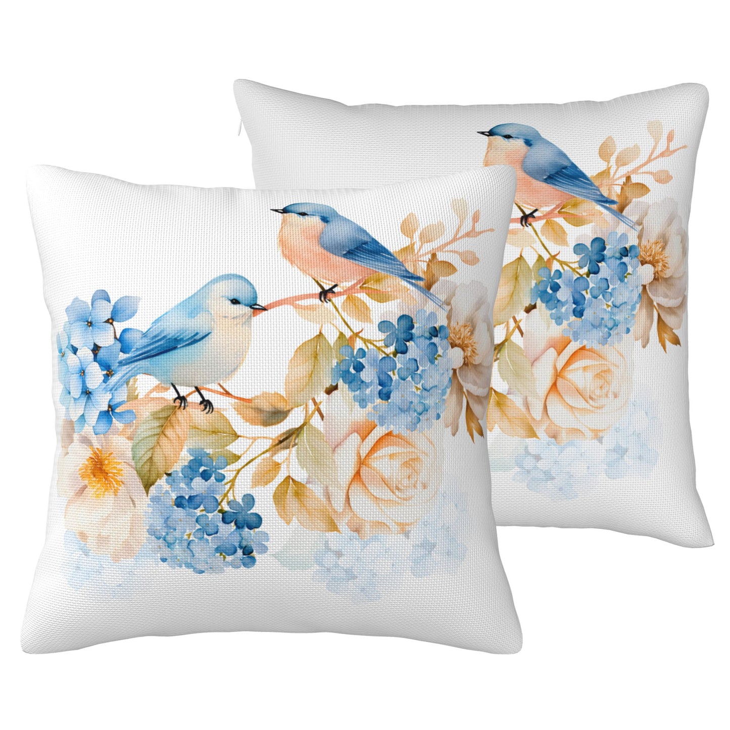 HOSTECCO Spring Outdoor Pillow Covers Set of 2, Blue Bird and Hydrangea Waterproof Throw Pillows, Floral Cushion Covers for Summer Patio Balcony Sofa