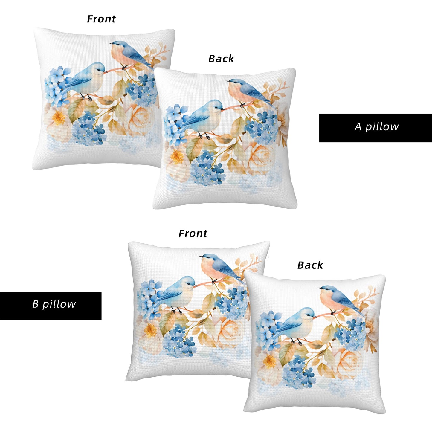 HOSTECCO Spring Outdoor Pillow Covers Set of 2, Blue Bird and Hydrangea Waterproof Throw Pillows, Floral Cushion Covers for Summer Patio Balcony Sofa
