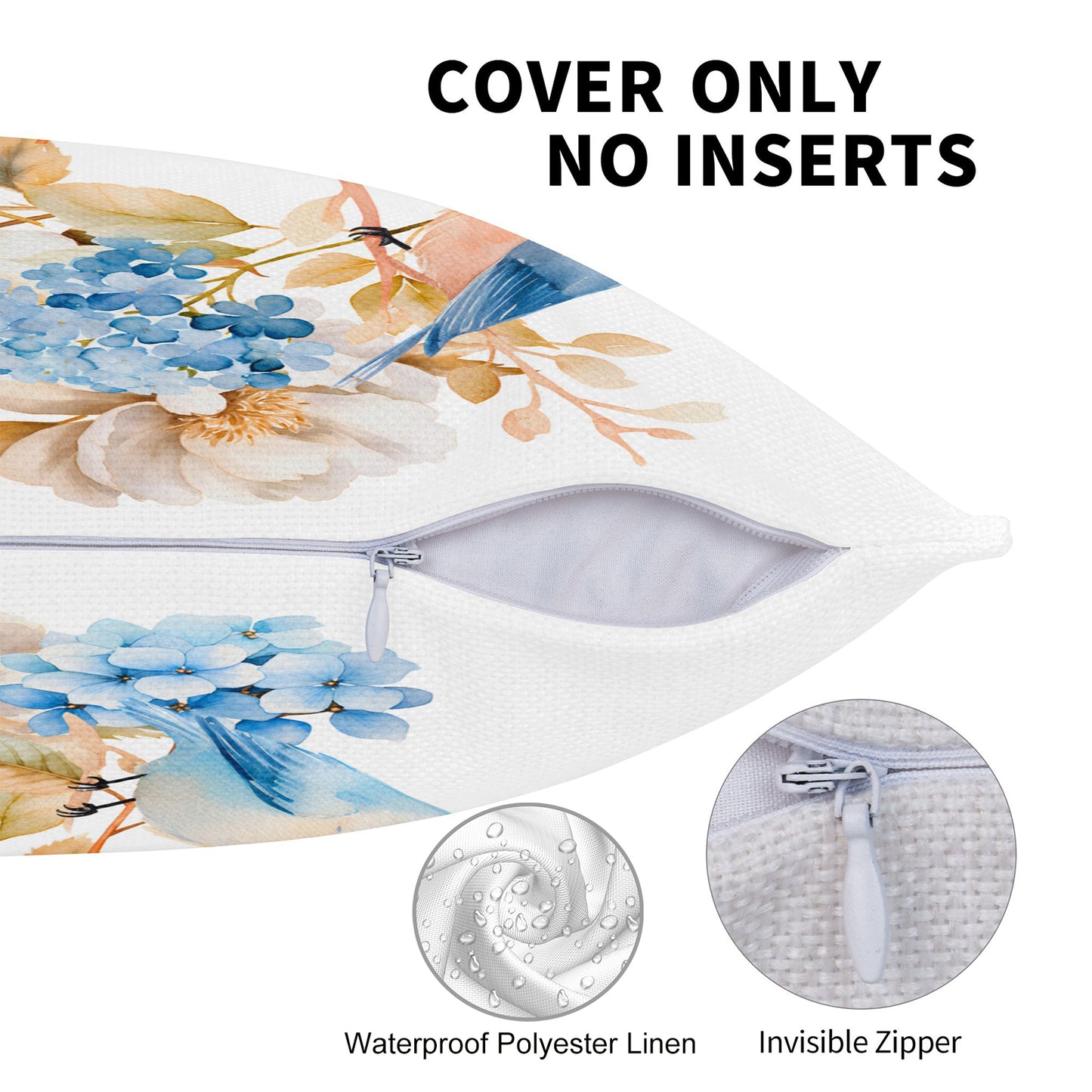 HOSTECCO Spring Outdoor Pillow Covers Set of 2, Blue Bird and Hydrangea Waterproof Throw Pillows, Floral Cushion Covers for Summer Patio Balcony Sofa