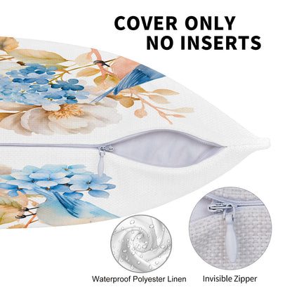 HOSTECCO Spring Outdoor Pillow Covers Set of 2, Blue Bird and Hydrangea Waterproof Throw Pillows, Floral Cushion Covers for Summer Patio Balcony Sofa