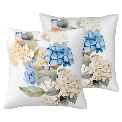 HOSTECCO Spring Outdoor Pillow Covers Set of 2, Blue Bird and Hydrangea Waterproof Throw Pillows, Floral Cushion Covers for Summer Patio Balcony Sofa