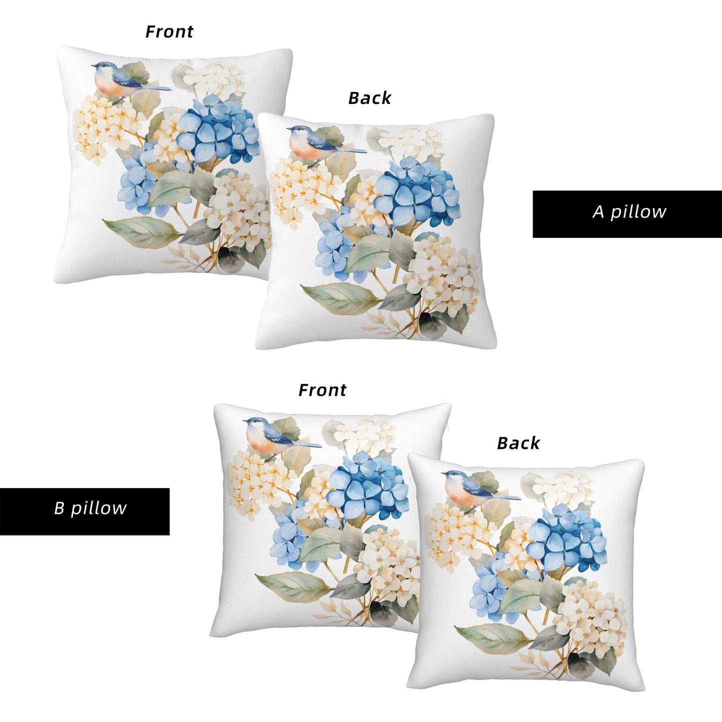 HOSTECCO Spring Outdoor Pillow Covers Set of 2, Blue Bird and Hydrangea Waterproof Throw Pillows, Floral Cushion Covers for Summer Patio Balcony Sofa