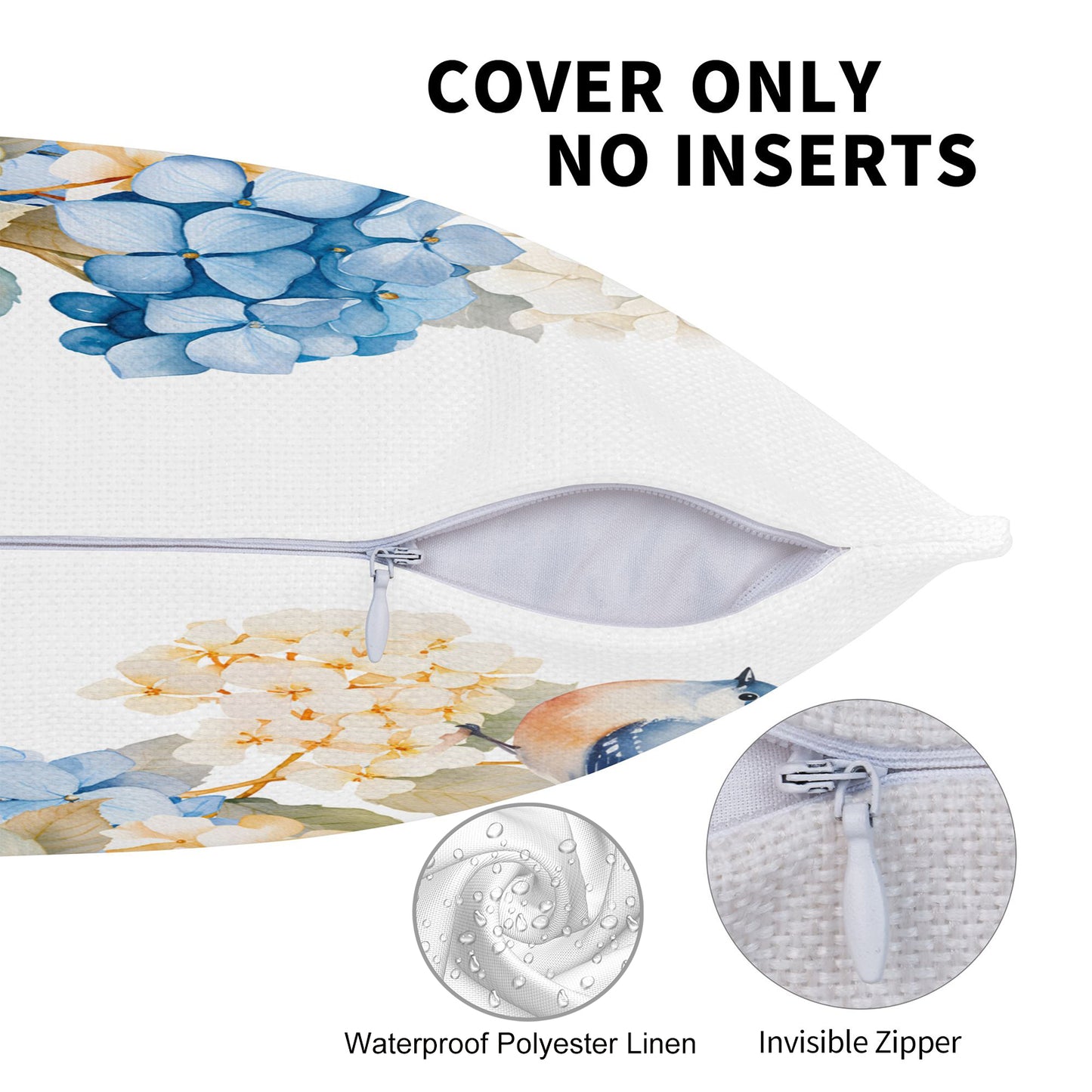 HOSTECCO Spring Outdoor Pillow Covers Set of 2, Blue Bird and Hydrangea Waterproof Throw Pillows, Floral Cushion Covers for Summer Patio Balcony Sofa
