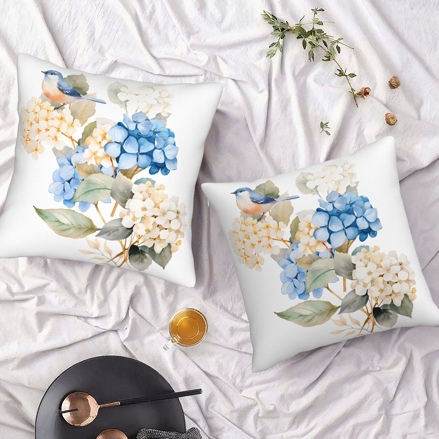 HOSTECCO Spring Outdoor Pillow Covers Set of 2, Blue Bird and Hydrangea Waterproof Throw Pillows, Floral Cushion Covers for Summer Patio Balcony Sofa