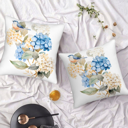 HOSTECCO Spring Outdoor Pillow Covers Set of 2, Blue Bird and Hydrangea Waterproof Throw Pillows, Floral Cushion Covers for Summer Patio Balcony Sofa