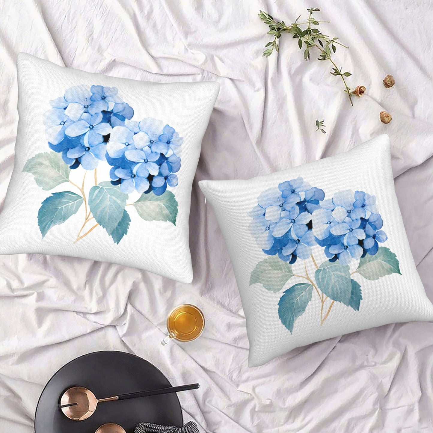 HOSTECCO Spring Outdoor Pillow Covers Set of 2, Blue Bird and Hydrangea Waterproof Throw Pillows, Floral Cushion Covers for Summer Patio Balcony Sofa