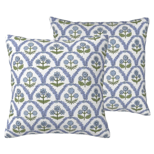 HOSTECCO Waterproof Floral Throw Pillow Covers Set of 2 - Vintage Block Print Outdoor Cushion Covers, Boho Farmhouse Decor for Couch Patio Garden