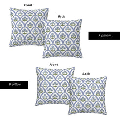 Front and reverse views of water-resistant pillow covers with blue and green block-print-style florals