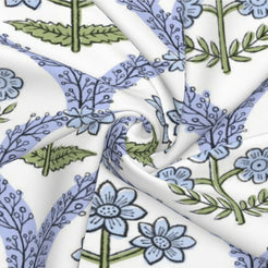 Close-up of water-resistant linen-look polyester with blue and green block-print-style florals
