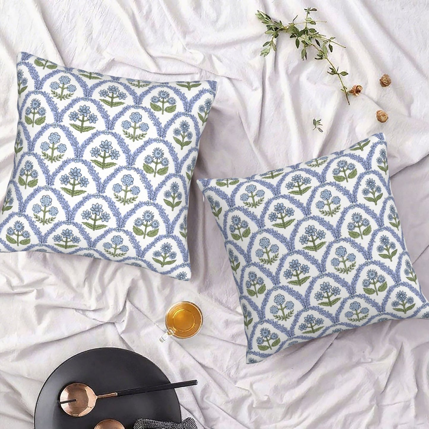 HOSTECCO Waterproof Floral Throw Pillow Covers Set of 2 - Vintage Block Print Outdoor Cushion Covers, Boho Farmhouse Decor for Couch Patio Garden