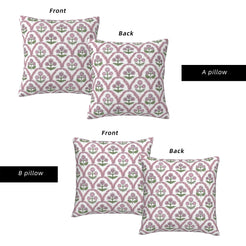 Front and reverse views of water-resistant pillow covers with pink and green block-print-style florals
