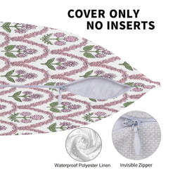 Hidden zipper detail on a water-resistant pillow cover with pink and green block-print-style florals