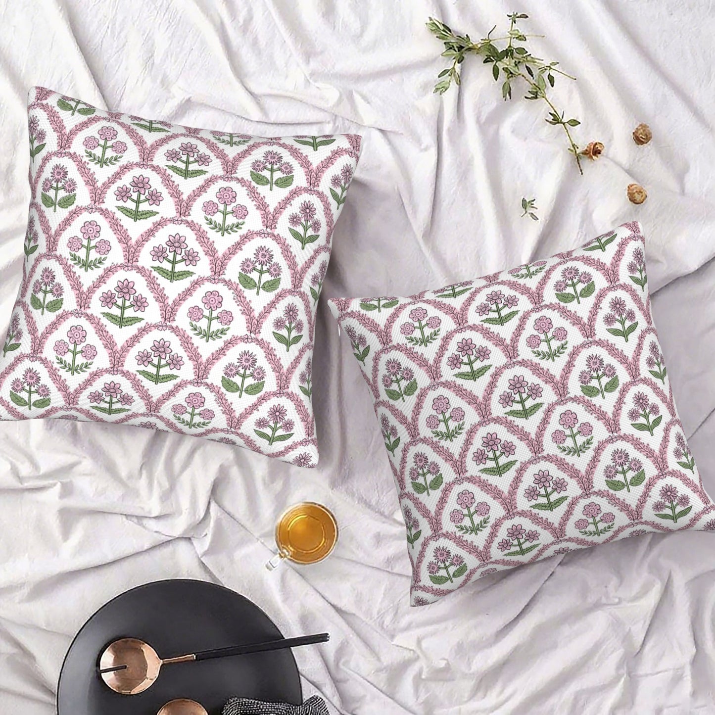 HOSTECCO Waterproof Floral Throw Pillow Covers Set of 2 - Vintage Block Print Outdoor Cushion Covers, Boho Farmhouse Decor for Couch Patio Garden