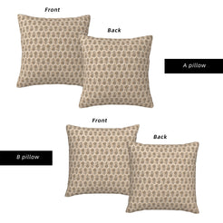 Front and reverse views of water-resistant pillow covers with beige small floral motifs