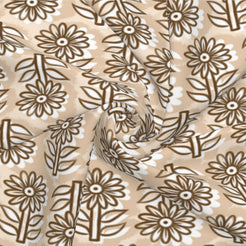 Close-up of water-resistant linen-look polyester with beige small floral motifs