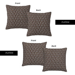 Front and reverse views of water-resistant pillow covers with dark brown small floral motifs