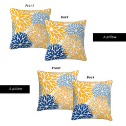 Front and reverse views of water-resistant pillow covers with yellow and blue chrysanthemum pattern