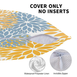 Hidden zipper detail on a water-resistant pillow cover with yellow and blue chrysanthemum pattern