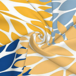 Close-up of water-resistant linen-look polyester with yellow and blue chrysanthemum pattern
