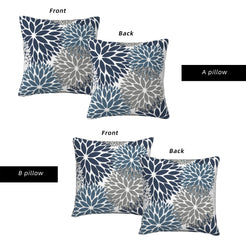 Front and reverse views of water-resistant pillow covers with navy and gray chrysanthemum pattern
