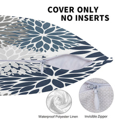 Hidden zipper detail on a water-resistant pillow cover with navy and gray chrysanthemum pattern