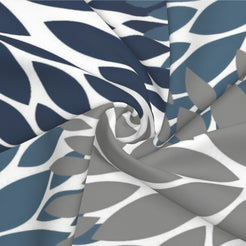 Close-up of water-resistant linen-look polyester with navy and gray chrysanthemum pattern