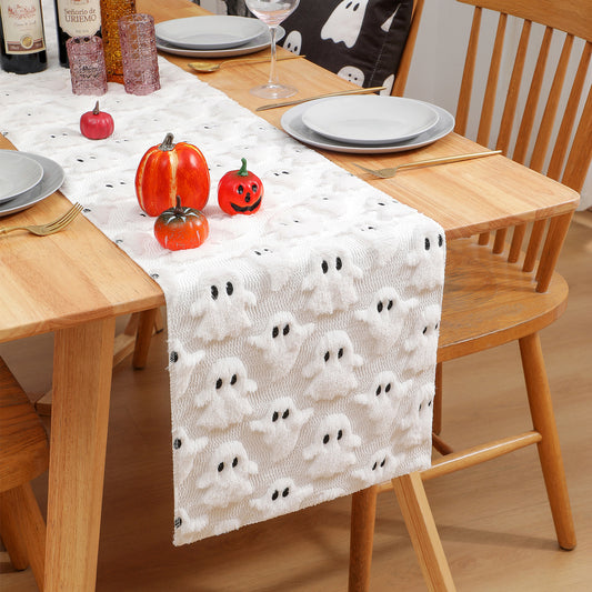 Halloween Themed Table Runner Spooky Ghost Faux Fur Kitchen Decoration for Home Party Wedding Dining Table