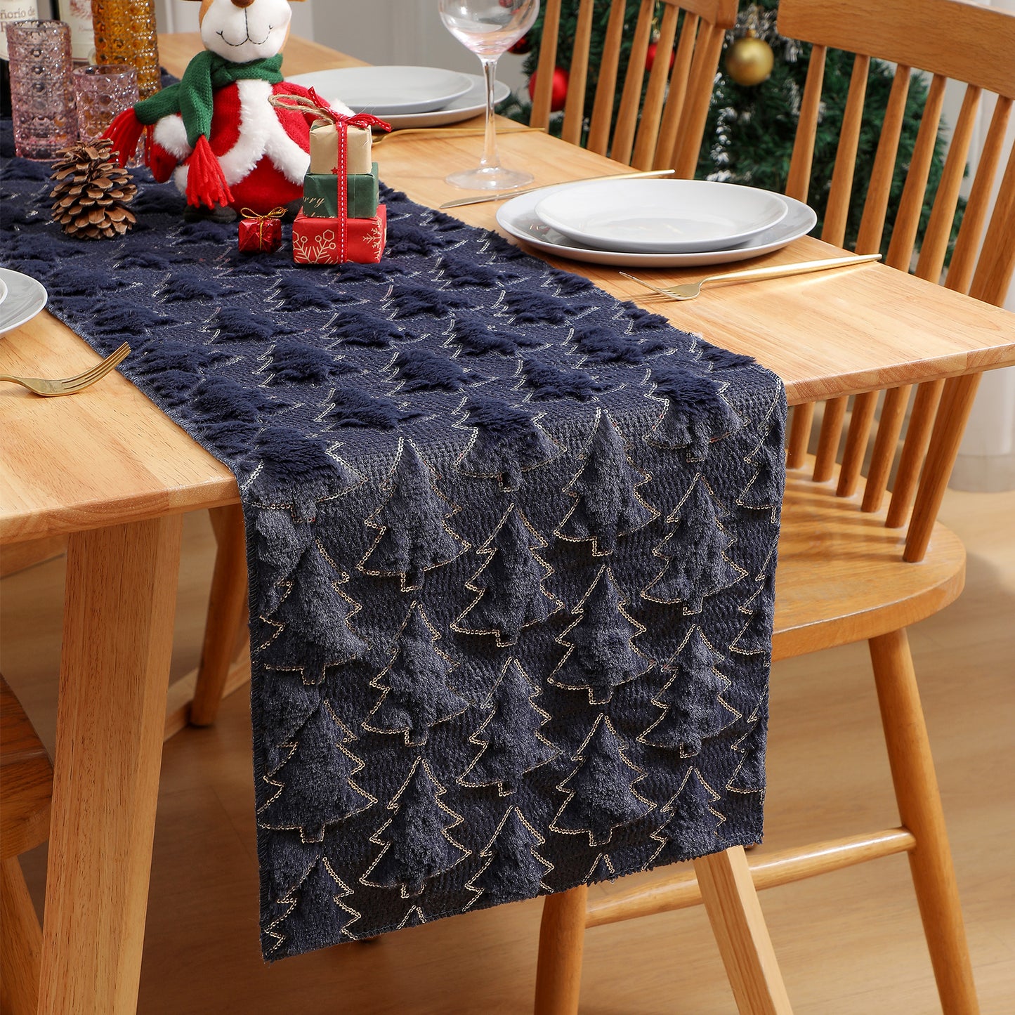Christmas Tree Table Runner Winter Holiday Fur Decor for Kitchen Party Wedding Dining Table
